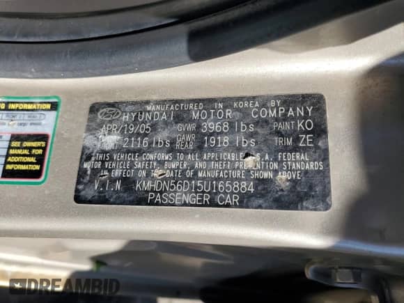 2005 Hyundai Elantra GLS с VIN KMHDN56D15U165884, выставлен на аукционе Copart как лот 76566484 с пробегом Не указан миль и Списание • Salvage title. История ставок и продаж доступна на DreamBid. Изображение 12.