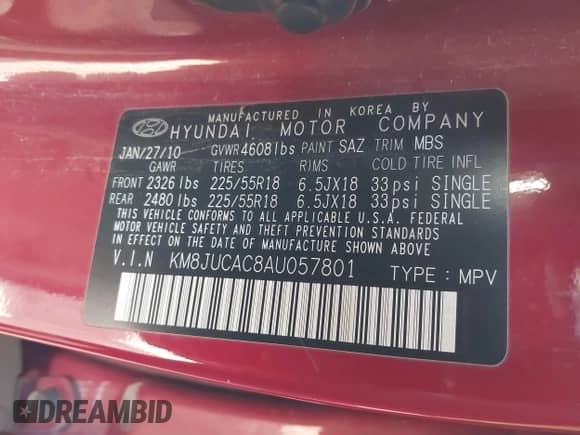 2010 Hyundai Tucson GLS with VIN KM8JUCAC8AU057801, listed as a IAAI auction lot 41037140 with 115,529 mi miles and . Bid and sale history available at DreamBid. Image 9.