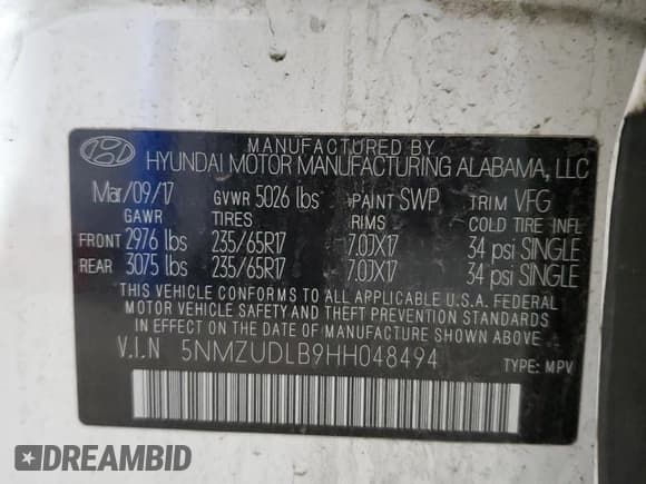 ✅ 2017 Hyundai Santa Fe 2.4L • VIN: 5NMZUDLB9HH048494 • Lot: 87402625. Listed on Copart with Not provided. Free auction sales archive from the USA and detailed vehicle history report at DreamBid. Image 13.