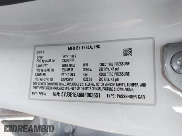 ✅ 2021 Tesla Model 3 Standard Range Plus • VIN: 5YJ3E1EA6MF063651 • Lot: 43740013. Listed on IAAI with 40,152 mi. Free auction sales archive from the USA and detailed vehicle history report at DreamBid. Image 7.