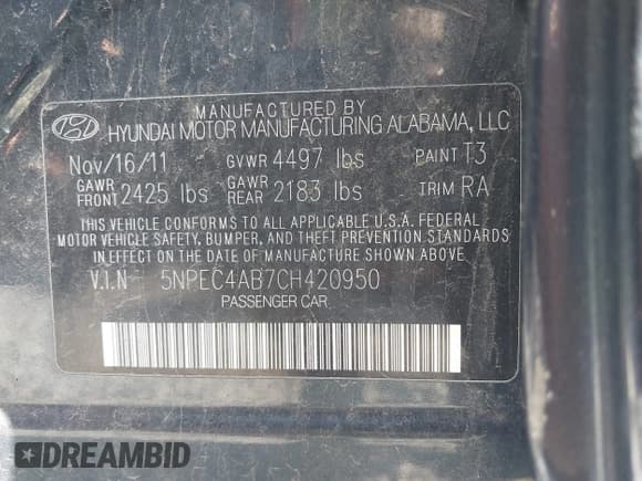 ✅ 2012 Hyundai Sonata SE • VIN: 5NPEC4AB7CH420950 • Lot: 43376599. Listed on IAAI with 165,359 mi. Free auction sales archive from the USA and detailed vehicle history report at DreamBid. Image 9.