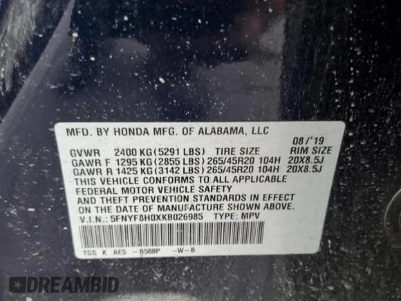 ✅ 2019 Honda Passport Elite • VIN: 5FNYF8H0XKB026985 • Lot: 91598085. Listed on Copart with 128,102 mi. Free auction sales archive from the USA and detailed vehicle history report at DreamBid. Image 13.