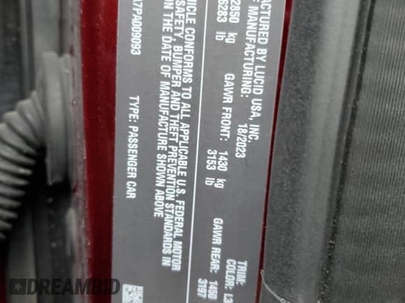 ✅ 2023 Lucid Air Pure • VIN: 50EA1PFA7PA009093 • Lot: 45030945. Wystawiony na Copart z przebiegiem 40 349 mil. Bezpłatny archiwum sprzedaży aukcyjnych z USA i szczegółowy raport historii pojazdu na DreamBid. Zdjęcie 12.