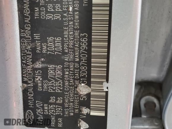 ✅ 2007 Hyundai Santa Fe GLS • VIN: 5NMSG13D87H079663 • Lot: 75504414. Listed on Copart with 172,969 mi. Free auction sales archive from the USA and detailed vehicle history report at DreamBid. Image 13.