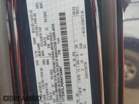 ✅ 2024 Ford F-150 XLT • VIN: 1FTEW3LP8RKF54807 • Lot: 67275835. Listed on Copart with 11,240 mi. Free auction sales archive from the USA and detailed vehicle history report at DreamBid. Image 12.