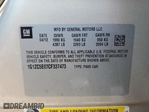 ✅ 2012 Chevrolet Malibu 1LT • VIN: 1G1ZC5E07CF337473 • Lot: 72782644. Listed on Copart with 55,485 mi. Free auction sales archive from the USA and detailed vehicle history report at DreamBid. Image 12.