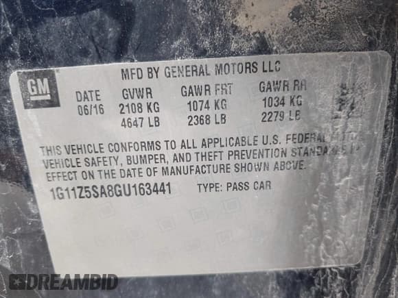 ✅ 2016 Chevrolet Impala LS • VIN: 1G11Z5SA8GU163441 • Lot: 43127886. Listed on IAAI with 196,204 mi. Free auction sales archive from the USA and detailed vehicle history report at DreamBid. Image 9.