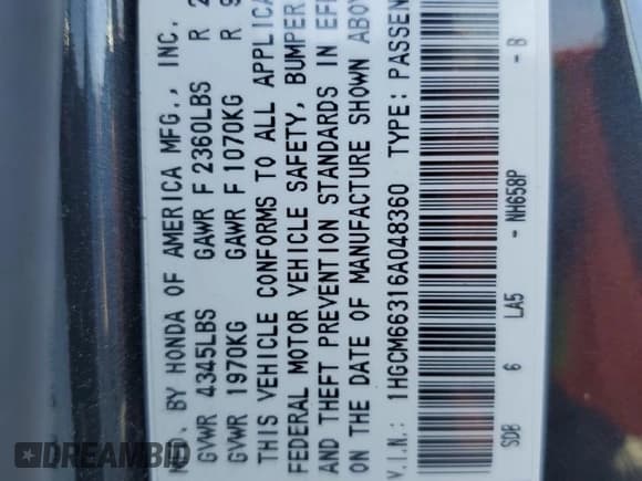 ✅ 2006 Honda Accord LX • VIN: 1HGCM66316A048360 • Lot: 86316065. Listed on Copart with 197,981 mi. Free auction sales archive from the USA and detailed vehicle history report at DreamBid. Image 12.