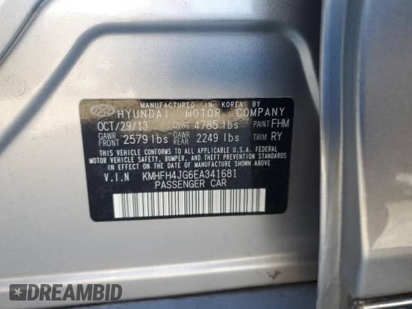 2014 Hyundai Azera Limited with VIN KMHFH4JG6EA341681, listed as a Copart auction lot 42495945 with 166,782 mi miles and Clean title. Bid and sale history available at DreamBid. Image 12.