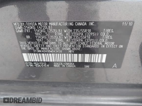 ✅ 2011 Toyota RAV4 Sport • VIN: 2T3RK4DV0BW043458 • Lot: 42308332. Listed on IAAI with 130,195 mi. Free auction sales archive from the USA and detailed vehicle history report at DreamBid. Image 9.