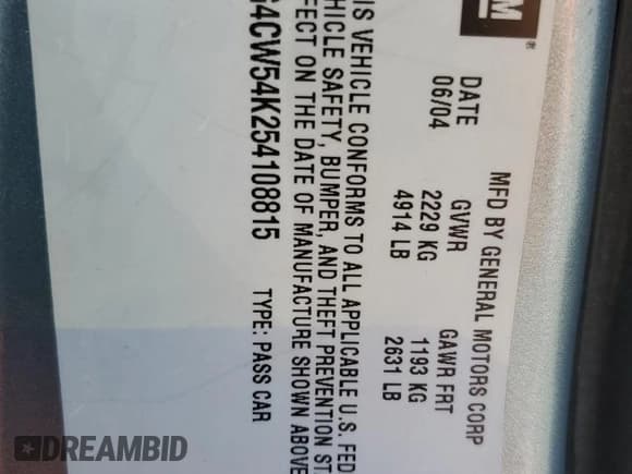 ✅ 2005 Buick Park Avenue • VIN: 1G4CW54K254108815 • Lot: 56762905. Listed on Copart with 121,287 mi. Free auction sales archive from the USA and detailed vehicle history report at DreamBid. Image 12.