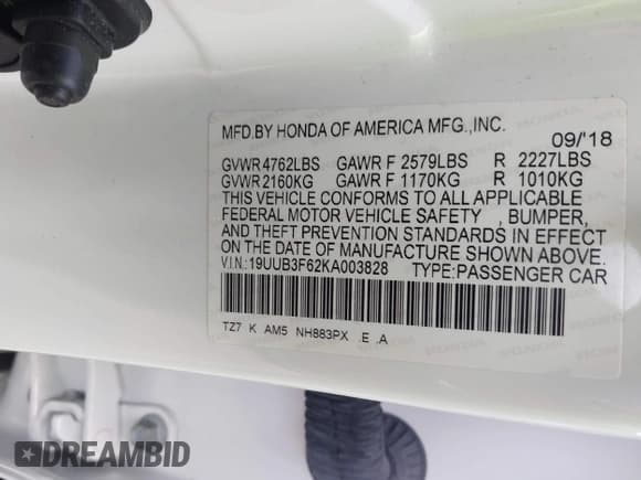 ✅ 2019 Acura TLX w/A-Spec Pkg • VIN: 19UUB3F62KA003828 • Lot: 42616830. Listed on IAAI with 99,557 mi. Free auction sales archive from the USA and detailed vehicle history report at DreamBid. Image 9.