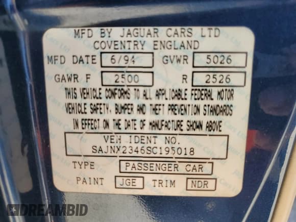 ✅ 1995 Jaguar XJS • VIN: SAJNX2346SC195018 • Лот: 76154964. Опубликован ранее на Copart с пробегом 31 484 миль. Бесплатный доступ к архиву аукционных продаж из США и подробный отчёт об истории автомобиля на DreamBid. Изображение 13.