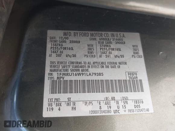 ✅ 2001 Ford Expedition XLT • VIN: 1FMRU16W91LA79385 • Lot: 41379687. Wystawiony na IAAI z przebiegiem Nie podano. Bezpłatny archiwum sprzedaży aukcyjnych z USA i szczegółowy raport historii pojazdu na DreamBid. Zdjęcie 9.