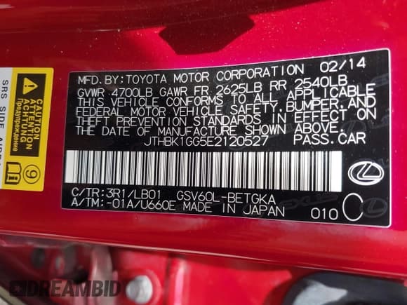 ✅ 2014 Lexus ES 330 • VIN: JTHBK1GG5E2120527 • Lot: 42357096. Listed on IAAI with 70,076 mi. Free auction sales archive from the USA and detailed vehicle history report at DreamBid. Image 9.