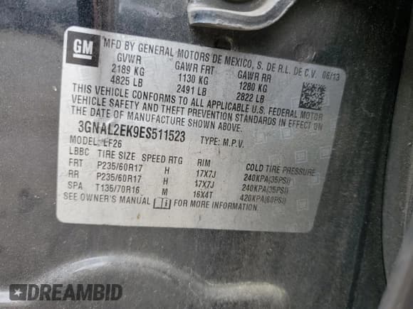 ✅ 2014 Chevrolet Captiva Sport LS • VIN: 3GNAL2EK9ES511523 • Лот: 54326035. Опубликован ранее на Copart с пробегом 130 584 миль. Бесплатный доступ к архиву аукционных продаж из США и подробный отчёт об истории автомобиля на DreamBid. Изображение 13.
