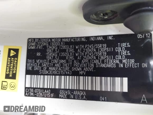 ✅ 2012 Toyota Highlander Limited • VIN: 5TDDK3EH9CS157443 • Lot: 43708248. Listed on IAAI with 169,604 mi. Free auction sales archive from the USA and detailed vehicle history report at DreamBid. Image 9.