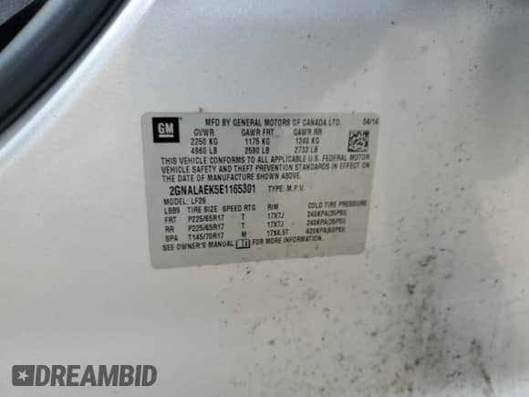 2014 Chevrolet Equinox LS with VIN 2GNALAEK5E1165301, listed as a Copart auction lot 84932565 with 119,983 mi miles and Salvage title. Bid and sale history available at DreamBid. Image 13.