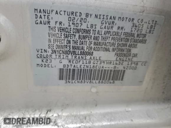 ✅ 2020 Nissan Versa S • VIN: 3N1CN8DV8LL880068 • Lot: 94509425. Listed on Copart with 41,911 mi. Free auction sales archive from the USA and detailed vehicle history report at DreamBid. Image 13.