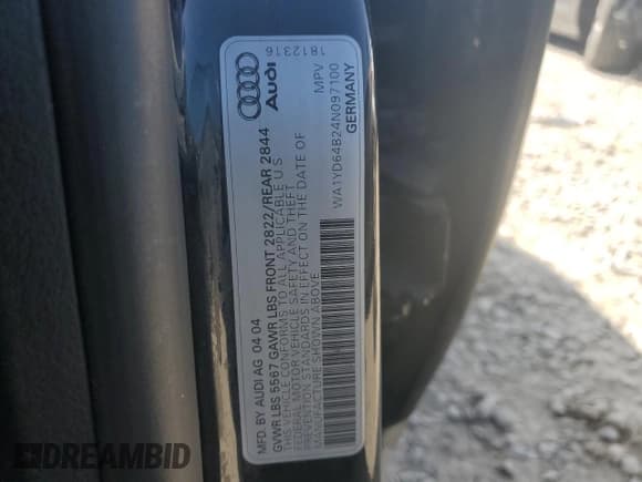 ✅ 2004 Audi allroad A6 V8 • VIN: WA1YD64B24N097100 • Lot: 81118315. Listed on Copart with 135,406 mi. Free auction sales archive from the USA and detailed vehicle history report at DreamBid. Image 12.