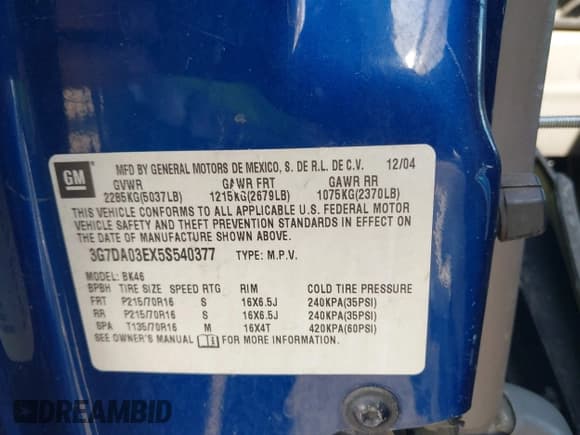 ✅ 2005 Pontiac Aztek • VIN: 3G7DA03EX5S540377 • Lot: 41229129. Listed on IAAI with Not provided. Free auction sales archive from the USA and detailed vehicle history report at DreamBid. Image 9.