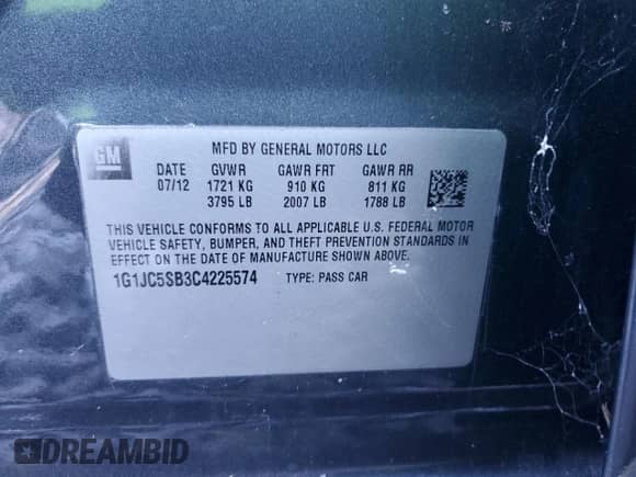 2012 Chevrolet Sonic LT with VIN 1G1JC5SB3C4225574, listed as a Copart auction lot 87488444 with 110,659 mi miles and Salvage title. Bid and sale history available at DreamBid. Image 14.