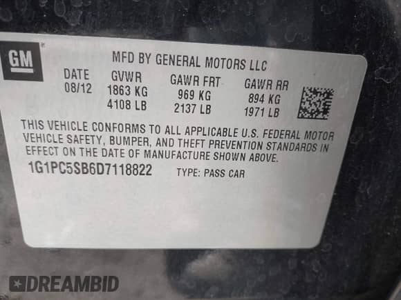 2013 Chevrolet Cruze 1LT with VIN 1G1PC5SB6D7118822, listed as a IAAI auction lot 43329218 with 90,424 mi miles and . Bid and sale history available at DreamBid. Image 9.