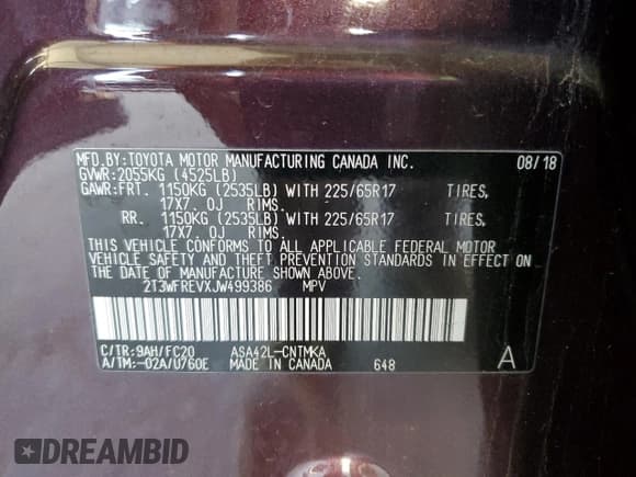 ✅ 2018 Toyota RAV4 XLE • VIN: 2T3WFREVXJW499386 • Lot: 60282875. Listed on Copart with 90,110 mi. Free auction sales archive from the USA and detailed vehicle history report at DreamBid. Image 13.