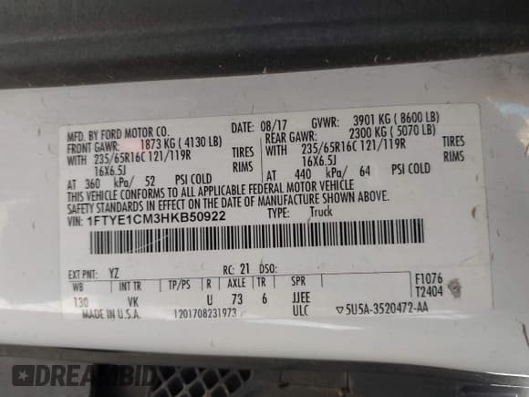 ✅ 2017 Ford Transit • VIN: 1FTYE1CM3HKB50922 • Лот: 41676383. Опубликован ранее на IAAI с пробегом 162 206 миль. Бесплатный доступ к архиву аукционных продаж из США и подробный отчёт об истории автомобиля на DreamBid. Изображение 9.