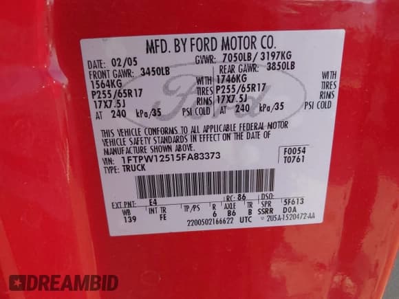 ✅ 2005 Ford F-150 XLT • VIN: 1FTPW12515FA83373 • Lot: 42183067. Listed on IAAI with 227,967 mi. Free auction sales archive from the USA and detailed vehicle history report at DreamBid. Image 9.