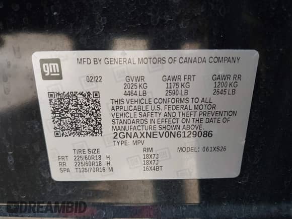 2022 Chevrolet Equinox Premier с VIN 2GNAXNEV0N6129086, выставлен на аукционе IAAI как лот 42829681 с пробегом 54 103 миль миль и . История ставок и продаж доступна на DreamBid. Изображение 9.