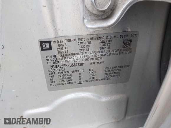 ✅ 2013 Chevrolet Captiva Sport LT • VIN: 3GNAL3EK8DS627381 • Lot: 41493770. Wystawiony na IAAI z przebiegiem 84 089 mil. Bezpłatny archiwum sprzedaży aukcyjnych z USA i szczegółowy raport historii pojazdu na DreamBid. Zdjęcie 9.