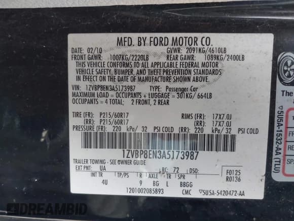 ✅ 2010 Ford Mustang V6 • VIN: 1ZVBP8EN3A5173987 • Lot: 43755919. Listed on IAAI with 166,309 mi. Free auction sales archive from the USA and detailed vehicle history report at DreamBid. Image 9.