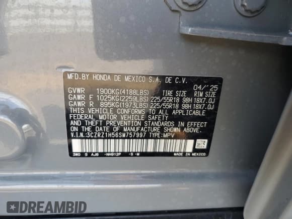 ✅ 2025 Honda HR-V Sport • VIN: 3CZRZ1H56SM757997 • Lot: 81682125. Listed on Copart with 2,939 mi. Free auction sales archive from the USA and detailed vehicle history report at DreamBid. Image 13.