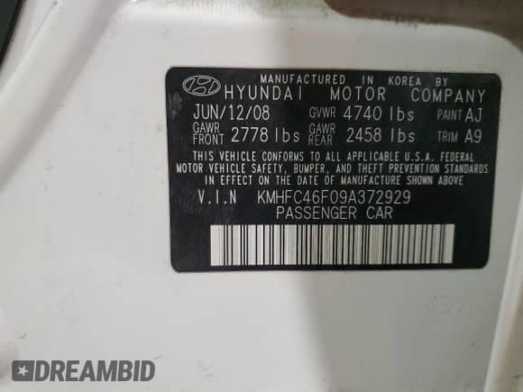 2009 Hyundai Azera Limited with VIN KMHFC46F09A372929, listed as a Copart auction lot 88455705 with 111,222 mi miles and Salvage title. Bid and sale history available at DreamBid. Image 14.