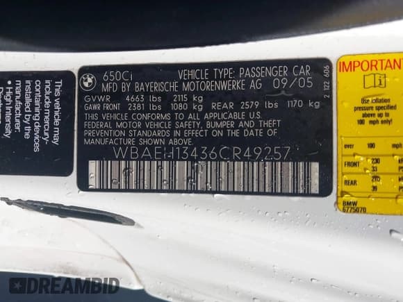 ✅ 2006 BMW 6 Series 650Ci • VIN: WBAEH13436CR49257 • Лот: 43012206. Опубликован ранее на IAAI с пробегом 162 909 миль. Бесплатный доступ к архиву аукционных продаж из США и подробный отчёт об истории автомобиля на DreamBid. Изображение 9.