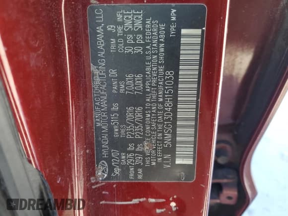 ✅ 2008 Hyundai Santa Fe GLS • VIN: 5NMSG13D48H151038 • Lot: 87731385. Listed on Copart with Not provided. Free auction sales archive from the USA and detailed vehicle history report at DreamBid. Image 13.