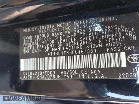 ✅ 2014 Toyota Camry XLE • VIN: 4T1BF1FK9EU461361 • Lot: 43409800. Listed on IAAI with 257,240 mi. Free auction sales archive from the USA and detailed vehicle history report at DreamBid. Image 9.