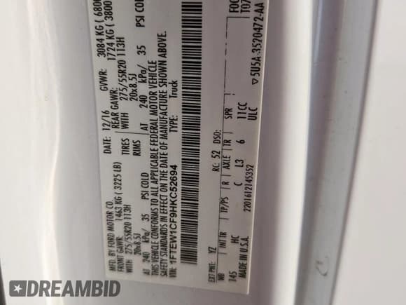 ✅ 2017 Ford F-150 XL • VIN: 1FTEW1CF9HKC52694 • Лот: 70065675. Опубликован ранее на Copart с пробегом 135 060 миль. Бесплатный доступ к архиву аукционных продаж из США и подробный отчёт об истории автомобиля на DreamBid. Изображение 12.