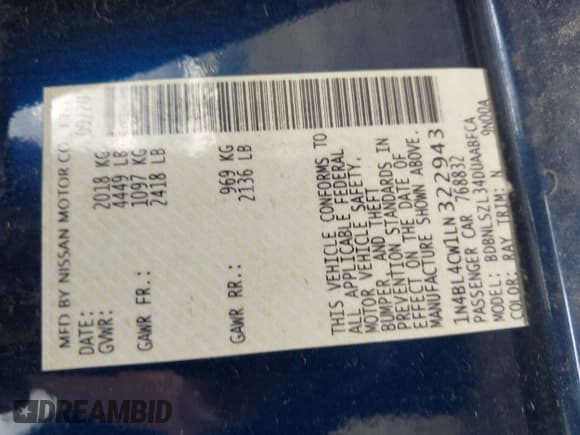 ✅ 2020 Nissan Altima SR • VIN: 1N4BL4CW1LN322943 • Lot: 43108227. Listed on IAAI with 35,840 mi. Free auction sales archive from the USA and detailed vehicle history report at DreamBid. Image 9.