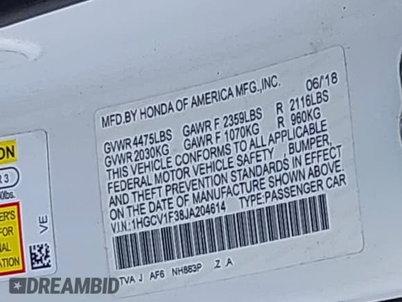 ✅ 2018 Honda Accord Sport • VIN: 1HGCV1F38JA204614 • Lot: 43673271. Wystawiony na IAAI z przebiegiem 53 879 mil. Bezpłatny archiwum sprzedaży aukcyjnych z USA i szczegółowy raport historii pojazdu na DreamBid. Zdjęcie 9.