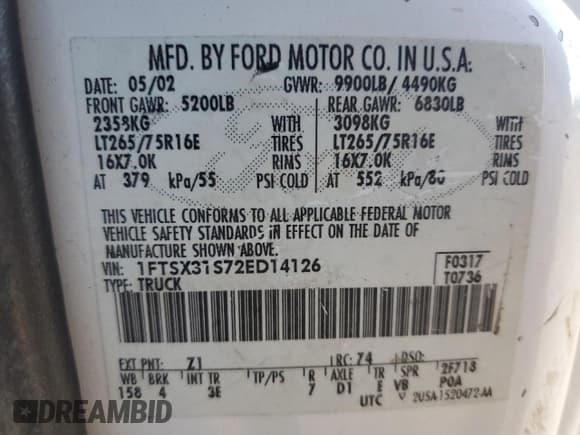 ✅ 2002 Ford F-350 XL • VIN: 1FTSX31S72ED14126 • Lot: 82688484. Wystawiony na Copart z przebiegiem 202 780 mil. Bezpłatny archiwum sprzedaży aukcyjnych z USA i szczegółowy raport historii pojazdu na DreamBid. Zdjęcie 12.