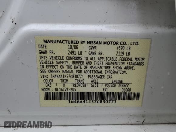 ✅ 2007 Nissan Maxima SE • VIN: 1N4BA41E57C830771 • Lot: 93454765. Listed on Copart with 152,482 mi. Free auction sales archive from the USA and detailed vehicle history report at DreamBid. Image 13.