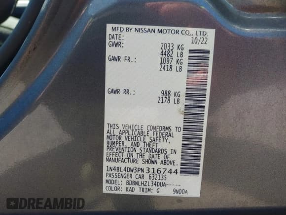 ✅ 2023 Nissan Altima SV • VIN: 1N4BL4DW3PN316744 • Лот: 43167453. Опубликован ранее на IAAI с пробегом 41 735 миль. Бесплатный доступ к архиву аукционных продаж из США и подробный отчёт об истории автомобиля на DreamBid. Изображение 9.