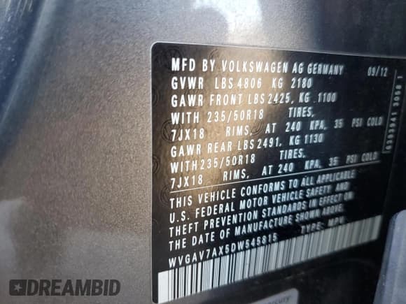 ✅ 2013 Volkswagen Tiguan SE • VIN: WVGAV7AX5DW545815 • Лот: 53644525. Опубликован ранее на Copart с пробегом 112 835 миль. Бесплатный доступ к архиву аукционных продаж из США и подробный отчёт об истории автомобиля на DreamBid. Изображение 13.