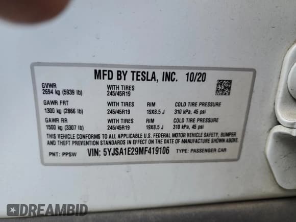 ✅ 2021 Tesla Model S Long Range Plus • VIN: 5YJSA1E29MF419106 • Lot: 73927584. Listed on Copart with Not provided. Free auction sales archive from the USA and detailed vehicle history report at DreamBid. Image 13.