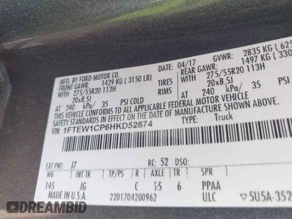 ✅ 2017 Ford F-150 XL • VIN: 1FTEW1CP6HKD52874 • Lot: 41999515. Listed on IAAI with 139,655 mi. Free auction sales archive from the USA and detailed vehicle history report at DreamBid. Image 9.