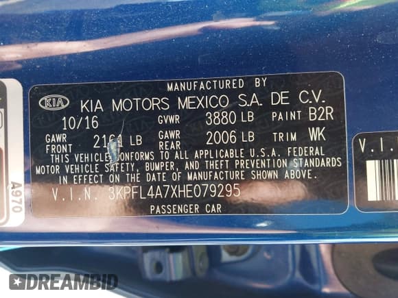 ✅ 2017 Kia Forte S • VIN: 3KPFL4A7XHE079295 • Lot: 43103666. Listed on IAAI with 65,935 mi. Free auction sales archive from the USA and detailed vehicle history report at DreamBid. Image 9.