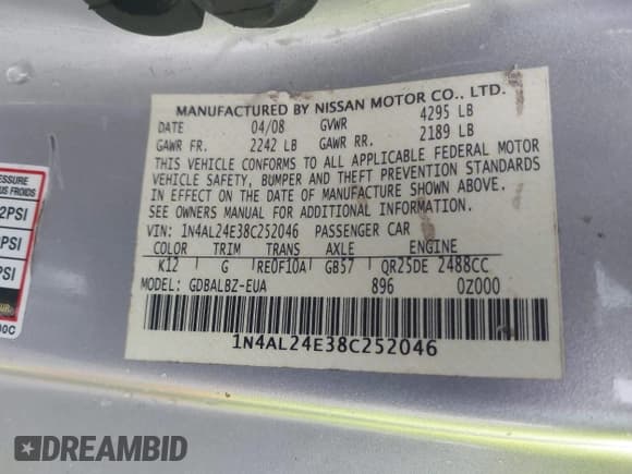 ✅ 2008 Nissan Altima S • VIN: 1N4AL24E38C252046 • Лот: 42997592. Опубликован ранее на IAAI с пробегом 180 885 миль. Бесплатный доступ к архиву аукционных продаж из США и подробный отчёт об истории автомобиля на DreamBid. Изображение 9.