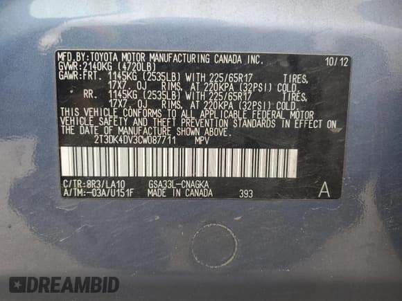 ✅ 2012 Toyota RAV4 Limited • VIN: 2T3DK4DV3CW087711 • Lot: 47766965. Wystawiony na Copart z przebiegiem 155 326 mil. Bezpłatny archiwum sprzedaży aukcyjnych z USA i szczegółowy raport historii pojazdu na DreamBid. Zdjęcie 13.